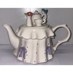 Vintage Teleflora Teapot Tea Party Lid White and Lavender Blue Bird Purple Bows